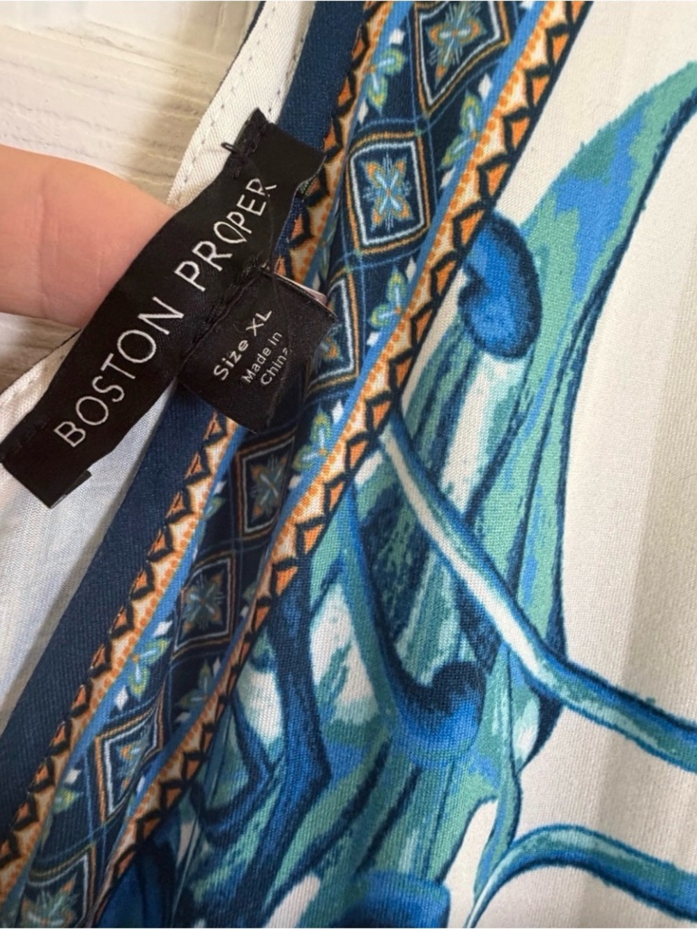 Boston Proper White Maxi Dress with Blue Floral Scroll Print XL - Picture 5 of 6